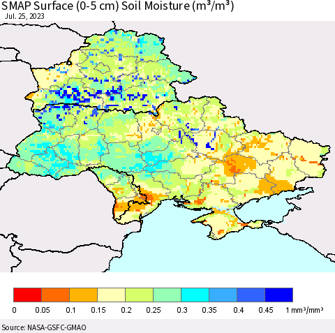 Ukraine, Moldova and Belarus SMAP Surface (0-5 cm) Soil Moisture (m³/m³) Thematic Map For 7/21/2023 - 7/25/2023