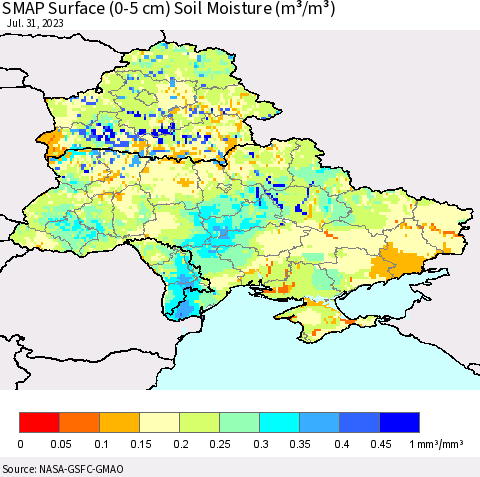 Ukraine, Moldova and Belarus SMAP Surface (0-5 cm) Soil Moisture (m³/m³) Thematic Map For 7/26/2023 - 7/31/2023