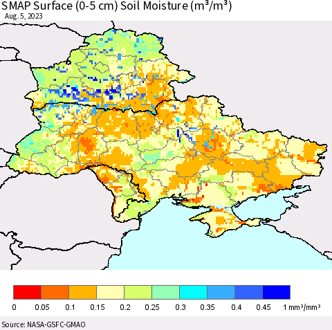 Ukraine, Moldova and Belarus SMAP Surface (0-5 cm) Soil Moisture (m³/m³) Thematic Map For 8/1/2023 - 8/5/2023