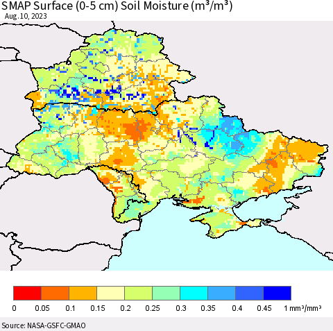 Ukraine, Moldova and Belarus SMAP Surface (0-5 cm) Soil Moisture (m³/m³) Thematic Map For 8/6/2023 - 8/10/2023