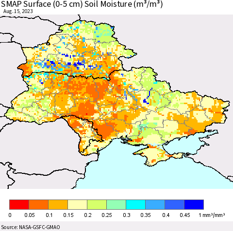 Ukraine, Moldova and Belarus SMAP Surface (0-5 cm) Soil Moisture (m³/m³) Thematic Map For 8/11/2023 - 8/15/2023