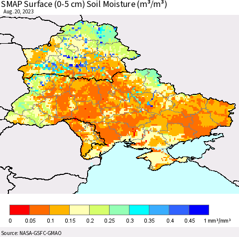 Ukraine, Moldova and Belarus SMAP Surface (0-5 cm) Soil Moisture (m³/m³) Thematic Map For 8/16/2023 - 8/20/2023