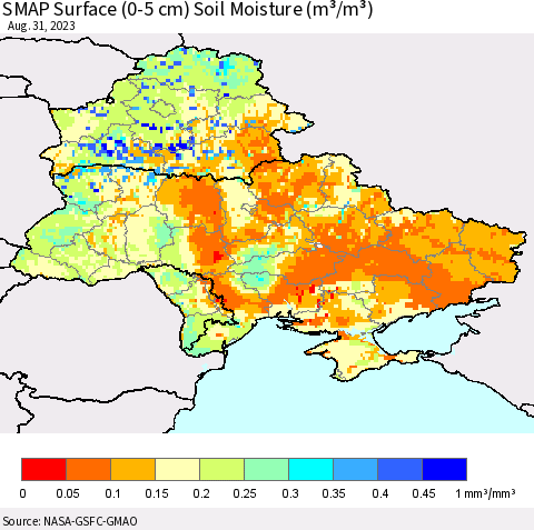 Ukraine, Moldova and Belarus SMAP Surface (0-5 cm) Soil Moisture (m³/m³) Thematic Map For 8/26/2023 - 8/31/2023