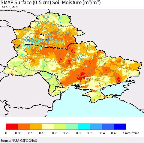 Ukraine, Moldova and Belarus SMAP Surface (0-5 cm) Soil Moisture (m³/m³) Thematic Map For 9/1/2023 - 9/5/2023