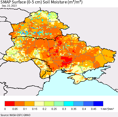 Ukraine, Moldova and Belarus SMAP Surface (0-5 cm) Soil Moisture (m³/m³) Thematic Map For 9/6/2023 - 9/10/2023