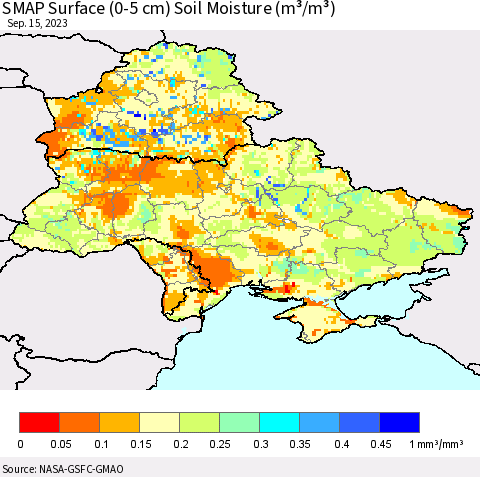 Ukraine, Moldova and Belarus SMAP Surface (0-5 cm) Soil Moisture (m³/m³) Thematic Map For 9/11/2023 - 9/15/2023