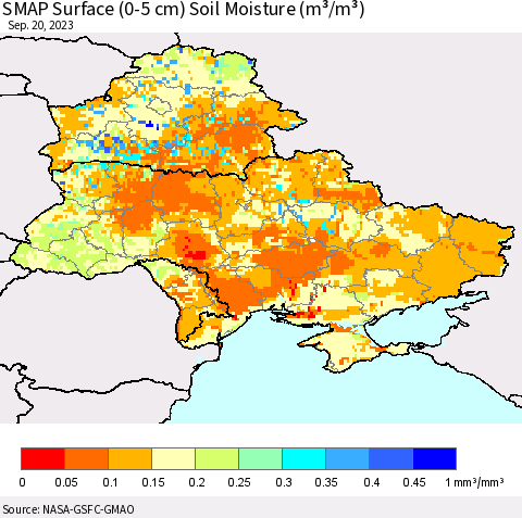 Ukraine, Moldova and Belarus SMAP Surface (0-5 cm) Soil Moisture (m³/m³) Thematic Map For 9/16/2023 - 9/20/2023