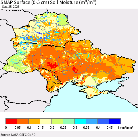 Ukraine, Moldova and Belarus SMAP Surface (0-5 cm) Soil Moisture (m³/m³) Thematic Map For 9/21/2023 - 9/25/2023