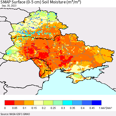 Ukraine, Moldova and Belarus SMAP Surface (0-5 cm) Soil Moisture (m³/m³) Thematic Map For 9/26/2023 - 9/30/2023