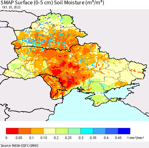 Ukraine, Moldova and Belarus SMAP Surface (0-5 cm) Soil Moisture (m³/m³) Thematic Map For 10/6/2023 - 10/10/2023