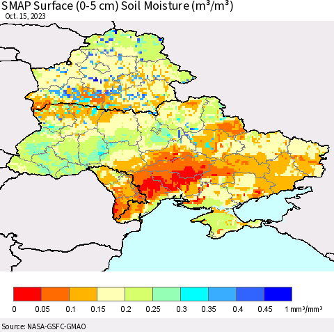 Ukraine, Moldova and Belarus SMAP Surface (0-5 cm) Soil Moisture (m³/m³) Thematic Map For 10/11/2023 - 10/15/2023