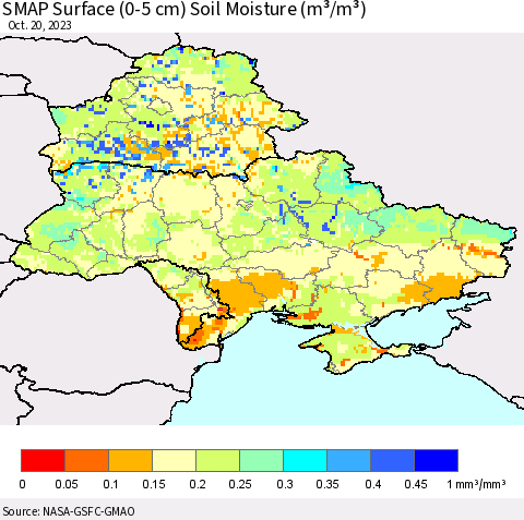 Ukraine, Moldova and Belarus SMAP Surface (0-5 cm) Soil Moisture (m³/m³) Thematic Map For 10/16/2023 - 10/20/2023
