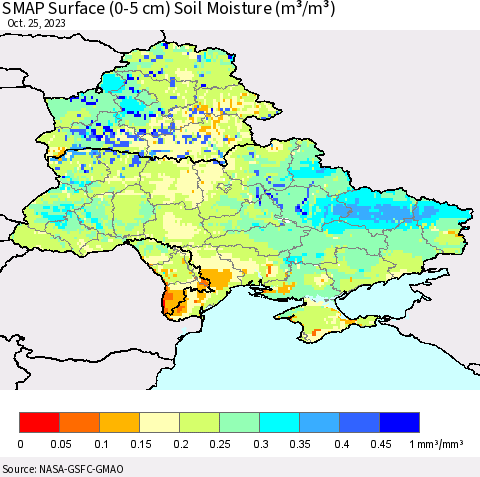 Ukraine, Moldova and Belarus SMAP Surface (0-5 cm) Soil Moisture (m³/m³) Thematic Map For 10/21/2023 - 10/25/2023