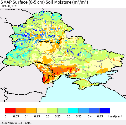 Ukraine, Moldova and Belarus SMAP Surface (0-5 cm) Soil Moisture (m³/m³) Thematic Map For 10/26/2023 - 10/31/2023