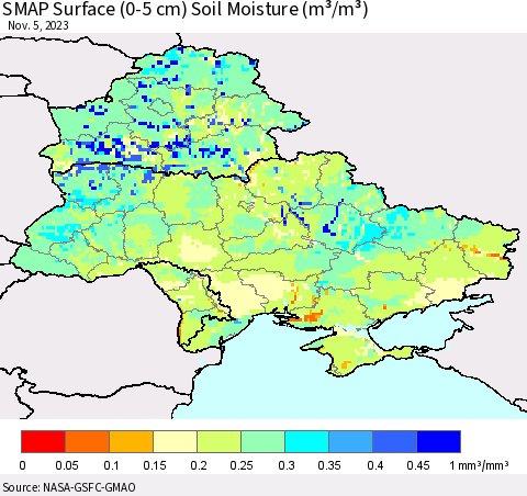 Ukraine, Moldova and Belarus SMAP Surface (0-5 cm) Soil Moisture (m³/m³) Thematic Map For 11/1/2023 - 11/5/2023