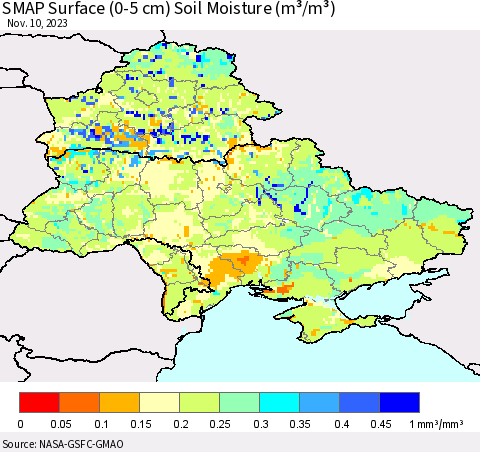 Ukraine, Moldova and Belarus SMAP Surface (0-5 cm) Soil Moisture (m³/m³) Thematic Map For 11/6/2023 - 11/10/2023