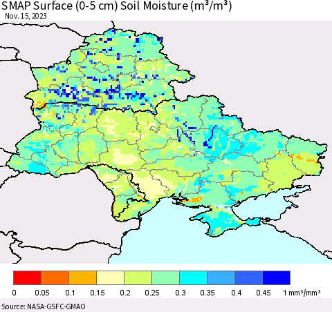 Ukraine, Moldova and Belarus SMAP Surface (0-5 cm) Soil Moisture (m³/m³) Thematic Map For 11/11/2023 - 11/15/2023