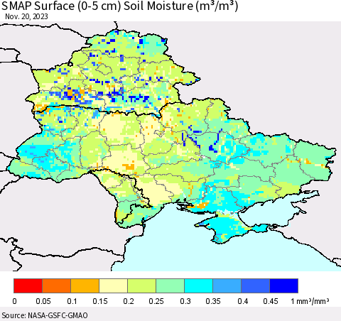 Ukraine, Moldova and Belarus SMAP Surface (0-5 cm) Soil Moisture (m³/m³) Thematic Map For 11/16/2023 - 11/20/2023