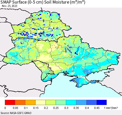 Ukraine, Moldova and Belarus SMAP Surface (0-5 cm) Soil Moisture (m³/m³) Thematic Map For 11/21/2023 - 11/25/2023