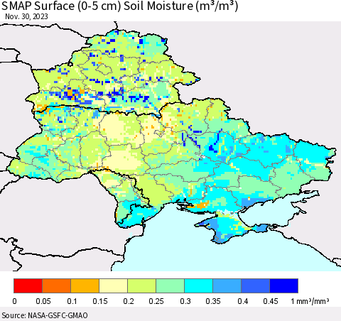 Ukraine, Moldova and Belarus SMAP Surface (0-5 cm) Soil Moisture (m³/m³) Thematic Map For 11/26/2023 - 11/30/2023