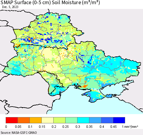 Ukraine, Moldova and Belarus SMAP Surface (0-5 cm) Soil Moisture (m³/m³) Thematic Map For 12/1/2023 - 12/5/2023