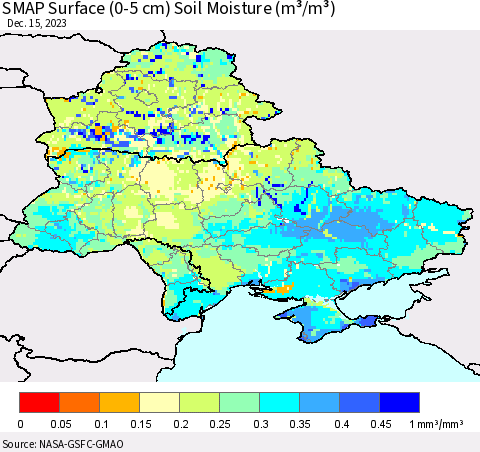 Ukraine, Moldova and Belarus SMAP Surface (0-5 cm) Soil Moisture (m³/m³) Thematic Map For 12/11/2023 - 12/15/2023