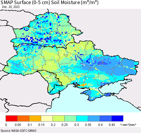 Ukraine, Moldova and Belarus SMAP Surface (0-5 cm) Soil Moisture (m³/m³) Thematic Map For 12/16/2023 - 12/20/2023