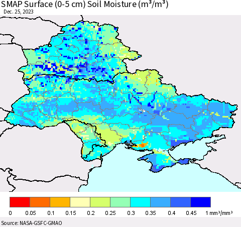 Ukraine, Moldova and Belarus SMAP Surface (0-5 cm) Soil Moisture (m³/m³) Thematic Map For 12/21/2023 - 12/25/2023