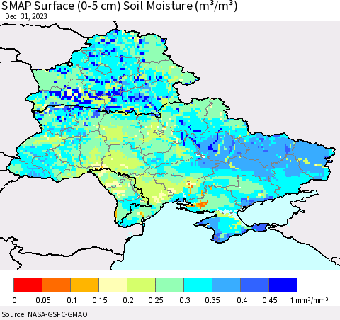 Ukraine, Moldova and Belarus SMAP Surface (0-5 cm) Soil Moisture (m³/m³) Thematic Map For 12/26/2023 - 12/31/2023