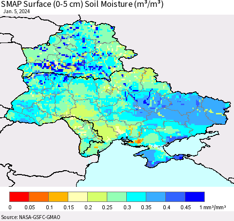 Ukraine, Moldova and Belarus SMAP Surface (0-5 cm) Soil Moisture (m³/m³) Thematic Map For 1/1/2024 - 1/5/2024