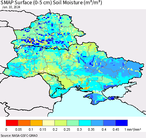 Ukraine, Moldova and Belarus SMAP Surface (0-5 cm) Soil Moisture (m³/m³) Thematic Map For 1/6/2024 - 1/10/2024