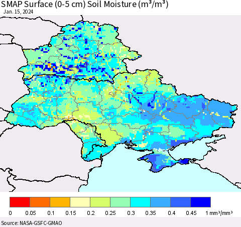 Ukraine, Moldova and Belarus SMAP Surface (0-5 cm) Soil Moisture (m³/m³) Thematic Map For 1/11/2024 - 1/15/2024