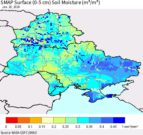 Ukraine, Moldova and Belarus SMAP Surface (0-5 cm) Soil Moisture (m³/m³) Thematic Map For 1/16/2024 - 1/20/2024