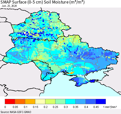 Ukraine, Moldova and Belarus SMAP Surface (0-5 cm) Soil Moisture (m³/m³) Thematic Map For 1/21/2024 - 1/25/2024