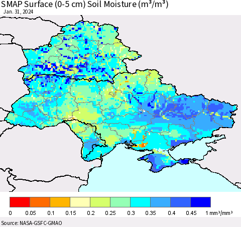 Ukraine, Moldova and Belarus SMAP Surface (0-5 cm) Soil Moisture (m³/m³) Thematic Map For 1/26/2024 - 1/31/2024