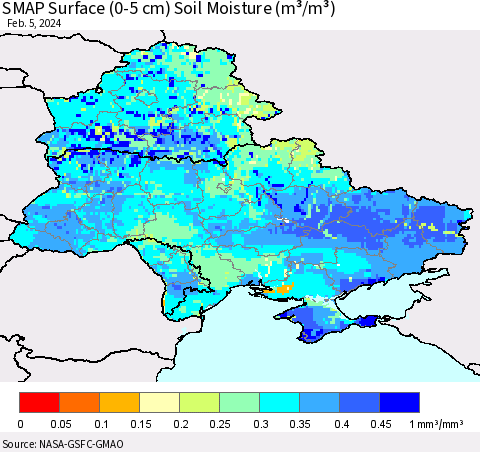 Ukraine, Moldova and Belarus SMAP Surface (0-5 cm) Soil Moisture (m³/m³) Thematic Map For 2/1/2024 - 2/5/2024
