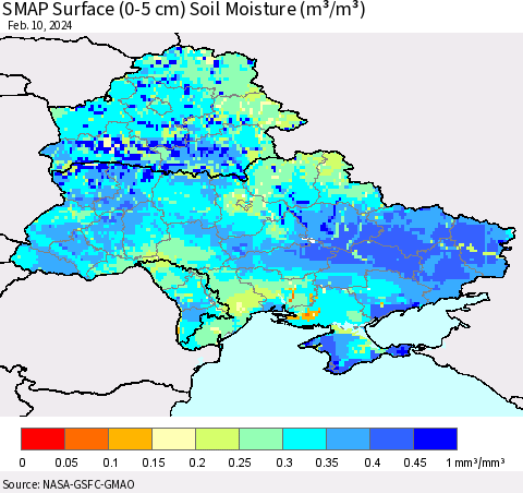 Ukraine, Moldova and Belarus SMAP Surface (0-5 cm) Soil Moisture (m³/m³) Thematic Map For 2/6/2024 - 2/10/2024