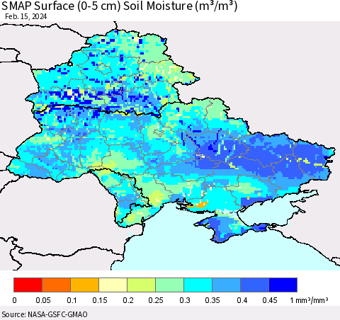 Ukraine, Moldova and Belarus SMAP Surface (0-5 cm) Soil Moisture (m³/m³) Thematic Map For 2/11/2024 - 2/15/2024