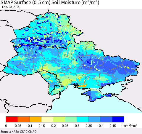 Ukraine, Moldova and Belarus SMAP Surface (0-5 cm) Soil Moisture (m³/m³) Thematic Map For 2/16/2024 - 2/20/2024