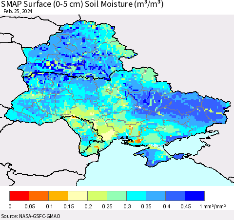 Ukraine, Moldova and Belarus SMAP Surface (0-5 cm) Soil Moisture (m³/m³) Thematic Map For 2/21/2024 - 2/25/2024