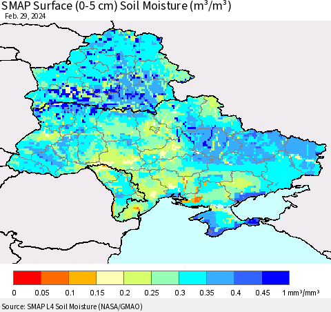 Ukraine, Moldova and Belarus SMAP Surface (0-5 cm) Soil Moisture (m³/m³) Thematic Map For 2/26/2024 - 2/29/2024