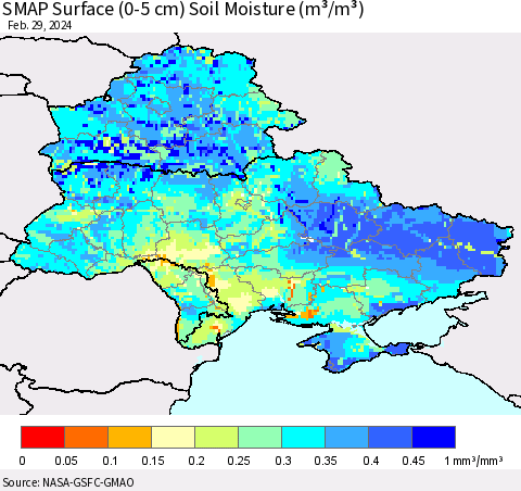 Ukraine, Moldova and Belarus SMAP Surface (0-5 cm) Soil Moisture (m³/m³) Thematic Map For 2/26/2024 - 2/29/2024