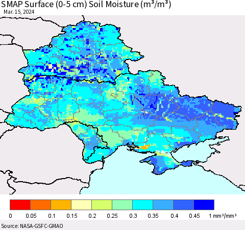 Ukraine, Moldova and Belarus SMAP Surface (0-5 cm) Soil Moisture (m³/m³) Thematic Map For 3/11/2024 - 3/15/2024