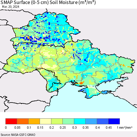Ukraine, Moldova and Belarus SMAP Surface (0-5 cm) Soil Moisture (m³/m³) Thematic Map For 3/16/2024 - 3/20/2024