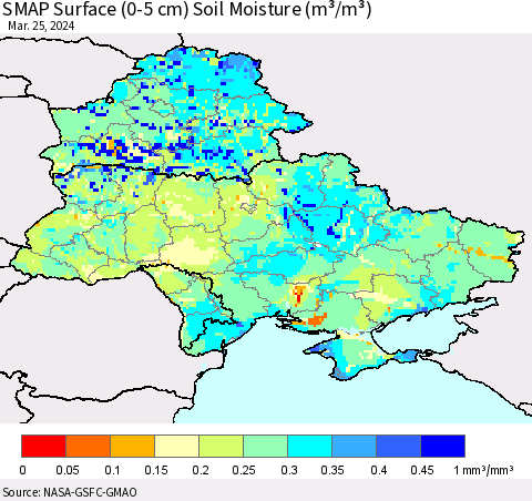 Ukraine, Moldova and Belarus SMAP Surface (0-5 cm) Soil Moisture (m³/m³) Thematic Map For 3/21/2024 - 3/25/2024