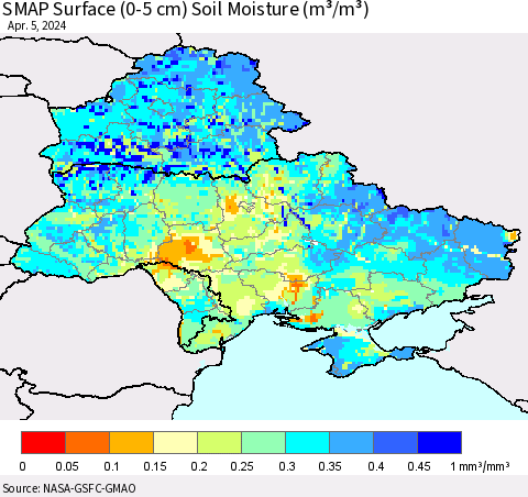 Ukraine, Moldova and Belarus SMAP Surface (0-5 cm) Soil Moisture (m³/m³) Thematic Map For 4/1/2024 - 4/5/2024