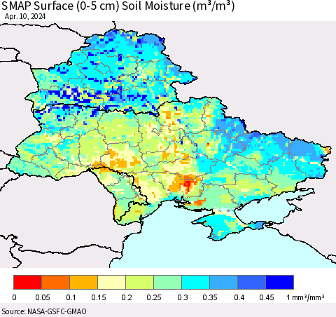 Ukraine, Moldova and Belarus SMAP Surface (0-5 cm) Soil Moisture (m³/m³) Thematic Map For 4/6/2024 - 4/10/2024