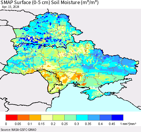 Ukraine, Moldova and Belarus SMAP Surface (0-5 cm) Soil Moisture (m³/m³) Thematic Map For 4/11/2024 - 4/15/2024