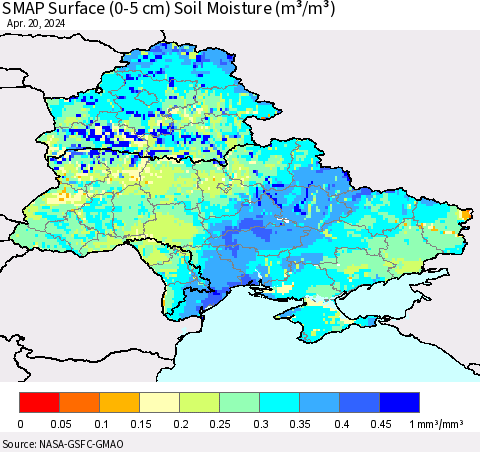 Ukraine, Moldova and Belarus SMAP Surface (0-5 cm) Soil Moisture (m³/m³) Thematic Map For 4/16/2024 - 4/20/2024