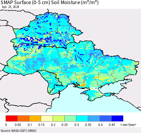 Ukraine, Moldova and Belarus SMAP Surface (0-5 cm) Soil Moisture (m³/m³) Thematic Map For 4/21/2024 - 4/25/2024